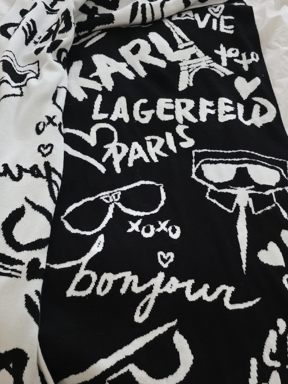 Karl Lagerfeld Black and White Logo Graphic Knit Scarf